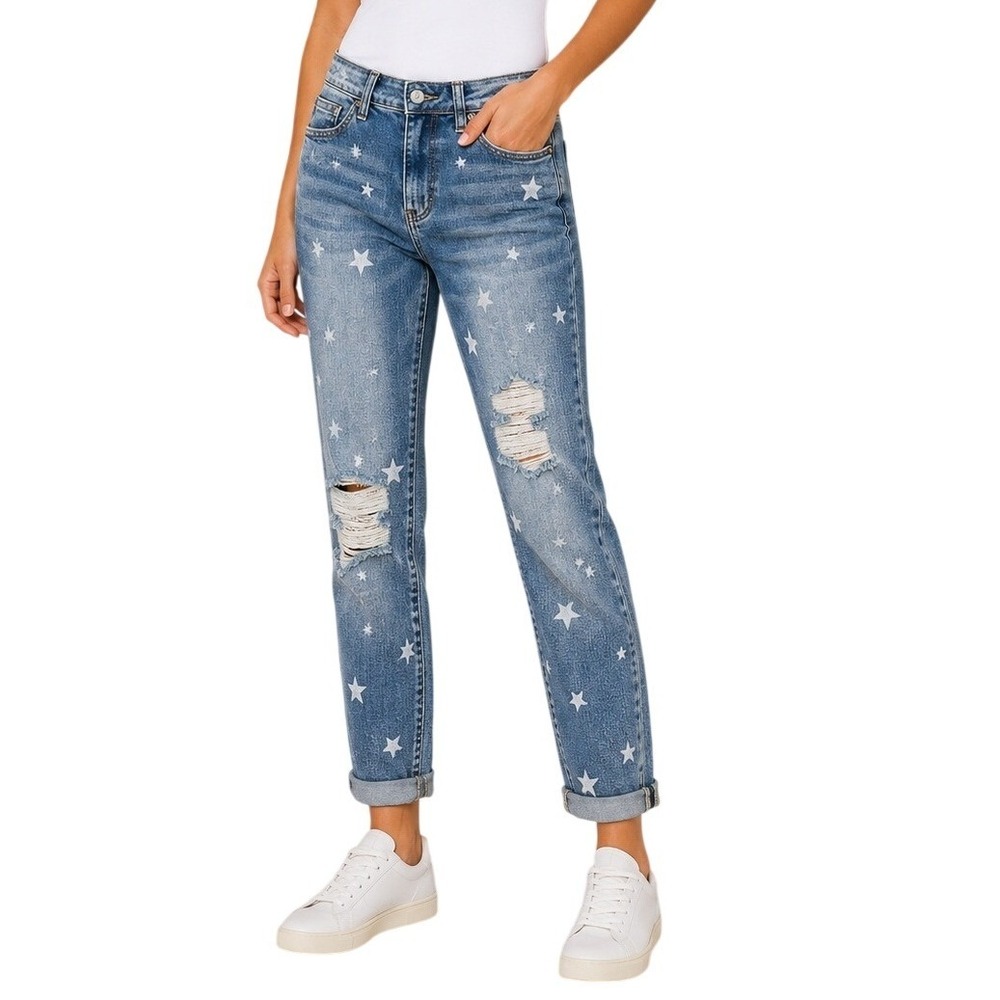 Judy Blue Blue White Star Print Mid Rise Boyfriend Denim Jeans Women's 0/24 NWT